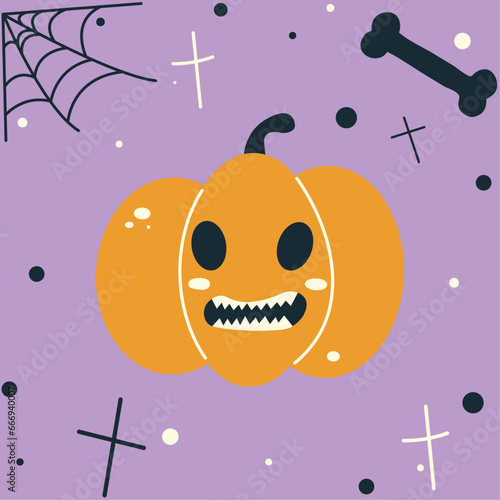 Halloween biting pumpkin face - biting Jack o lantern, autumn holidays banner. Jack o lantern icon emotion. Vector illustration.
