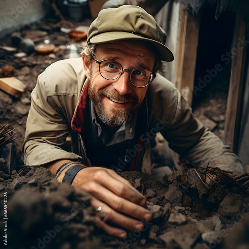 Portrait of an archeologist working at a archeology site