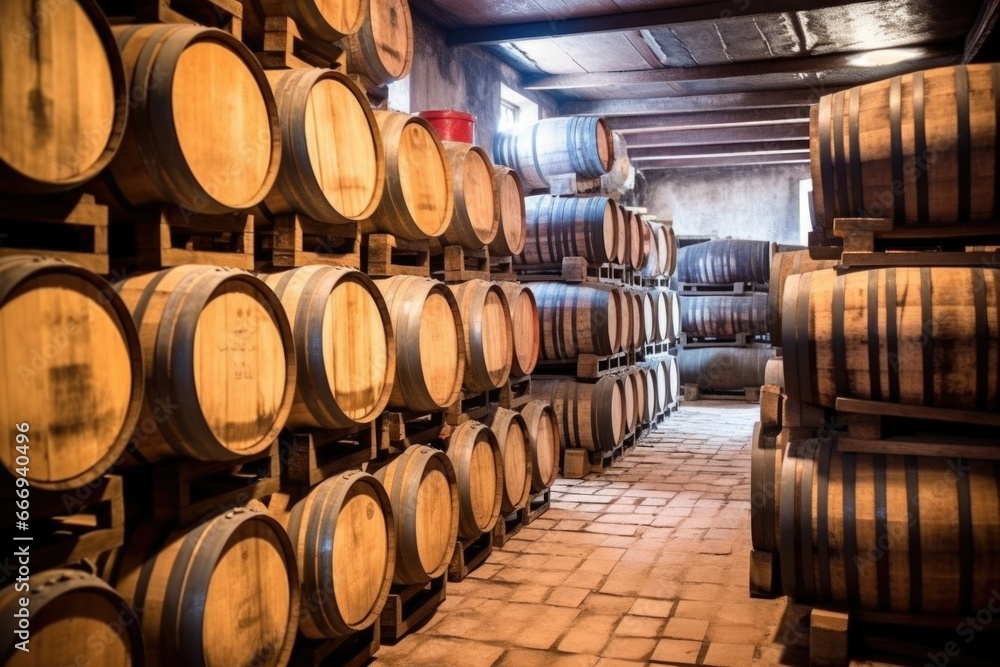 stacked oak barrels in a distillerys aging warehouse