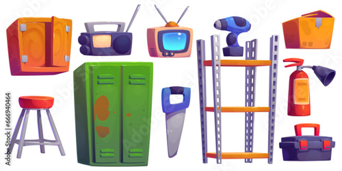 Garage interior furniture and working tools. Cartoon vector illustration set of storeroom, car repair and workspace equipment - storage cabinet and rack, toolbox and instruments, old radio and tv.