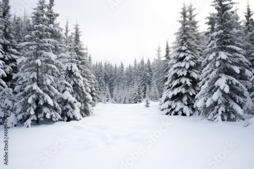 snow covering pine trees in a wintry forest landscape © altitudevisual