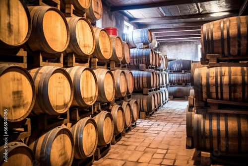 stacked oak barrels in a distillerys aging warehouse