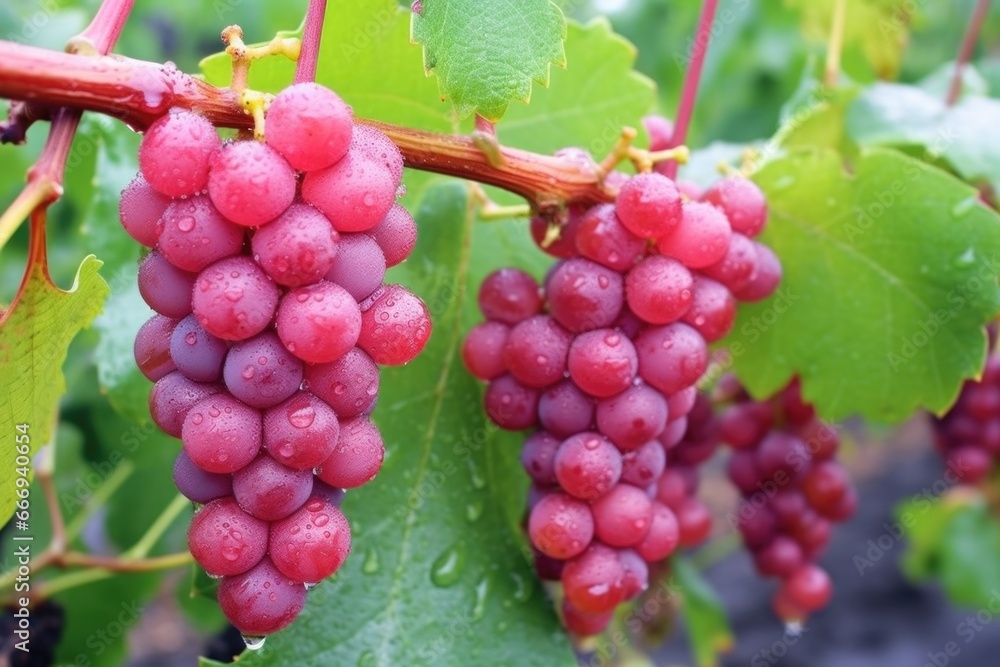 close-up of ripe, dew-kissed grapes on vine