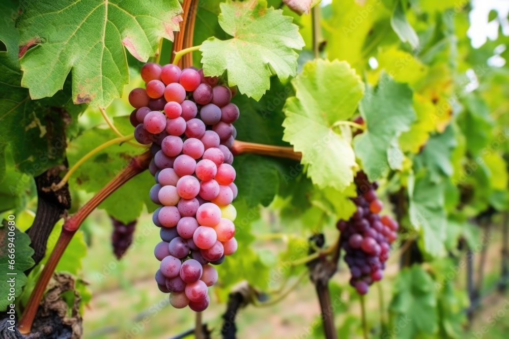 detailed shot of red and white grapes in vineyard