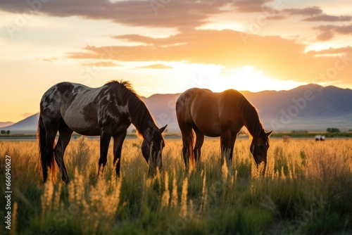 wild horses grazing in a meadow at sunrise