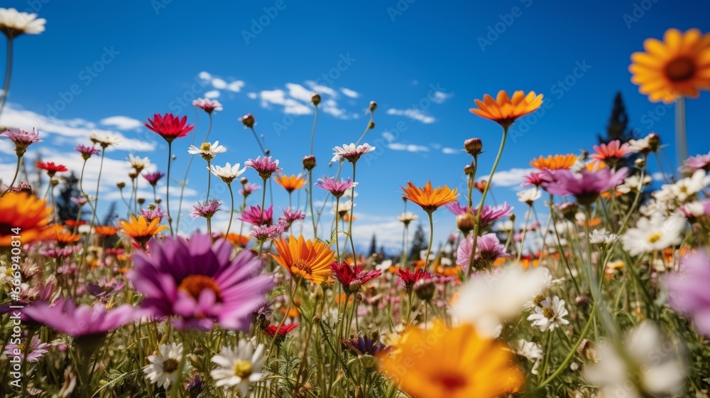 A field of wildflowers in full bloom, radiating positivity A field of wildflowers in full bloom, radiating positivity