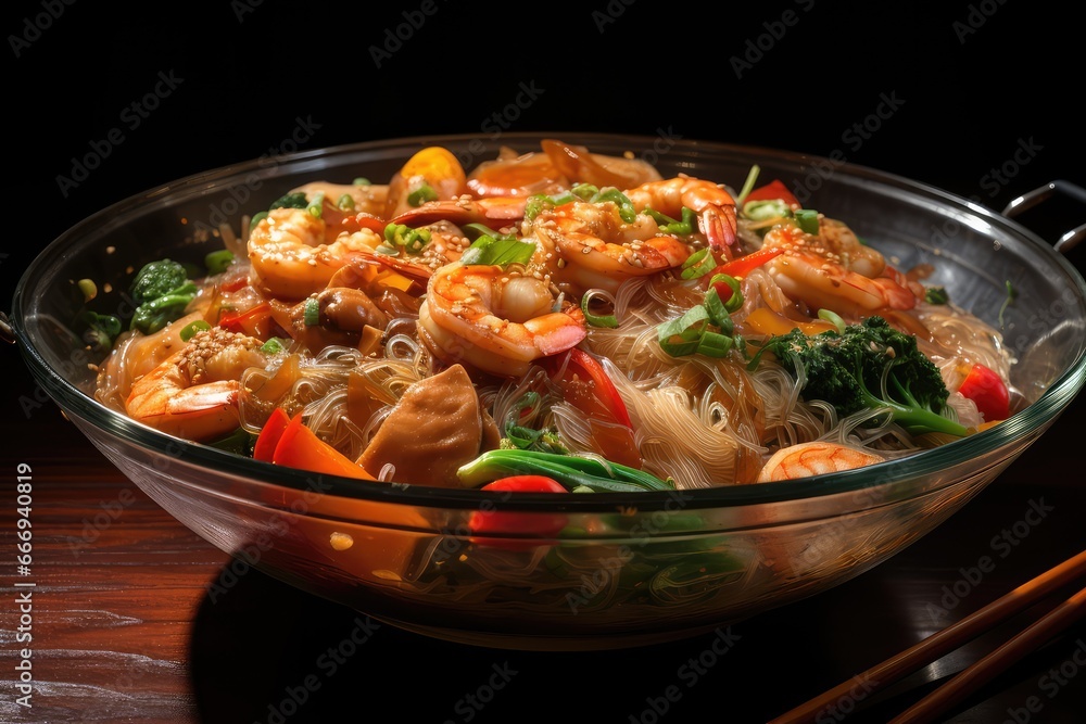 A close-up of a bowl of Pad Woon Sen, stir-fried glass noodles with chicken, shrimp, or vegetables A close-up of a bowl of Pad Woon Sen, stir-fried glass noodles with chicken, shrimp, or vegetables