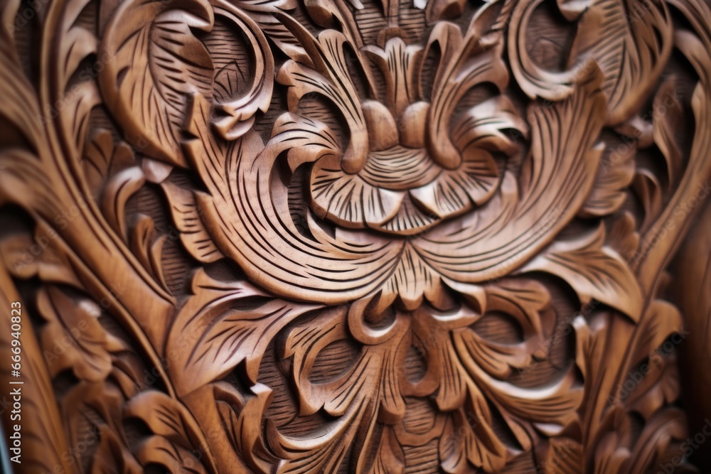 close-up of carving details on chair backrest close-up of carving details on chair backrest
