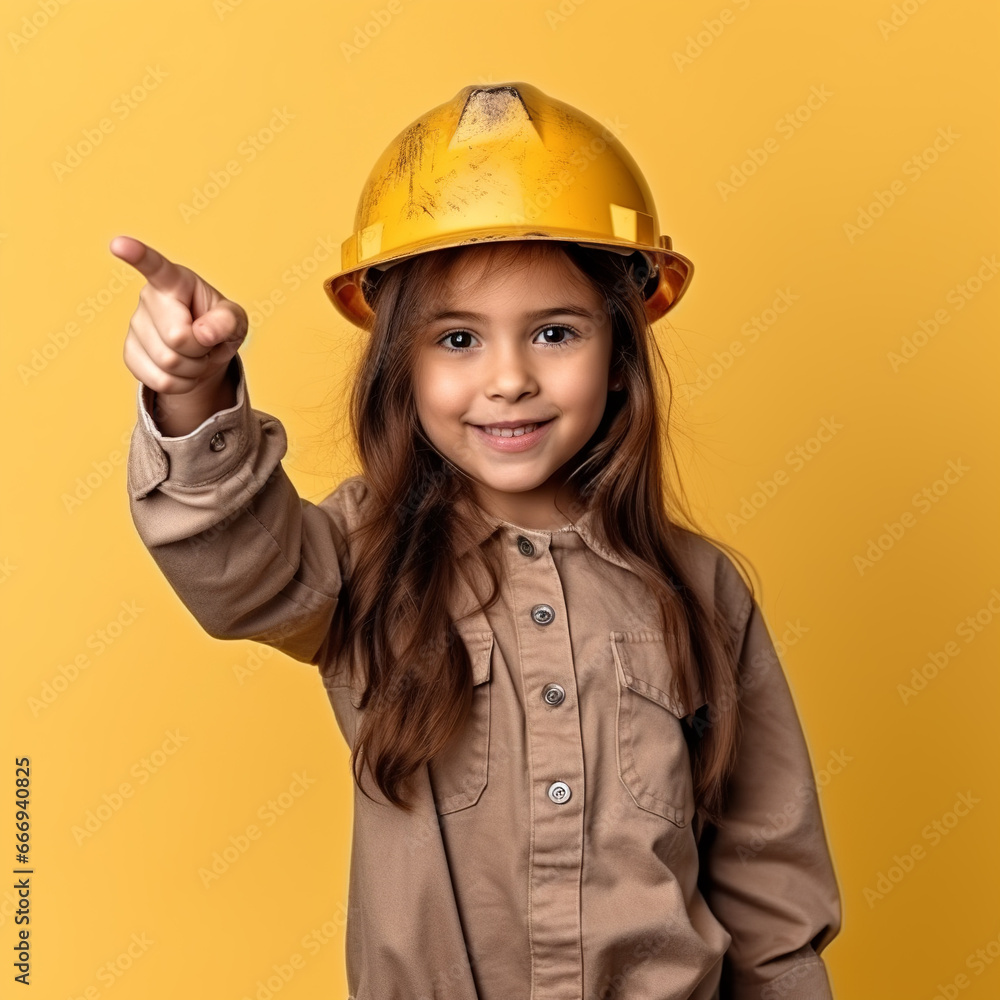 A little girl in a hard hat and beige shirt is points to you, against a yellow background A little girl in a hard hat and beige shirt is points to you, against a yellow background