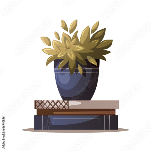 Stack of books and potted plant. Bookstore, bookshop, book lover, reading, interior concept. Isolated Isolated Vector illustration.