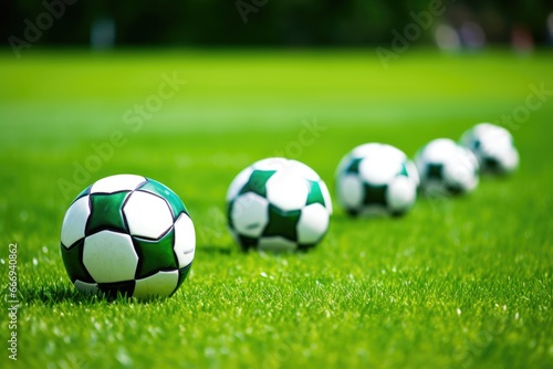 soccer balls lined up on vivid green grass