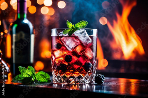 Refreshment alcoholic cocktail with ice, mint and berries in a bar, night club party with soft drinks, against the background of a bar counter with different bottles