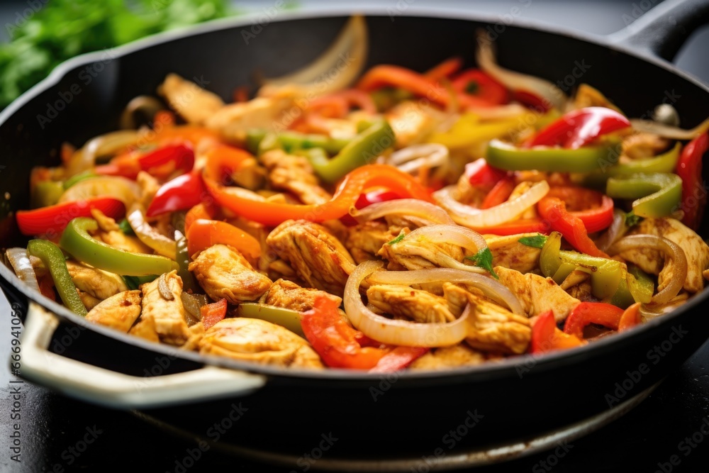 stirring onions and peppers in skillet with chicken fajita stirring onions and peppers in skillet with chicken fajita