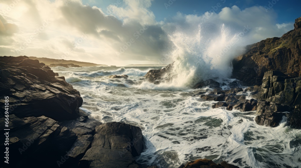 Obraz premium A dramatic coastal landscape with crashing waves