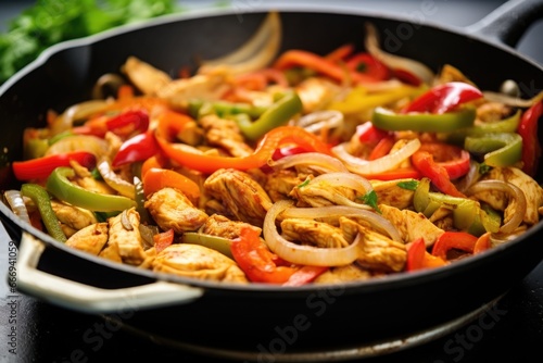 stirring onions and peppers in skillet with chicken fajita
