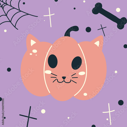 Halloween cat pumpkin face - cat ears and nouse Jack o lantern, autumn holidays banner. Jack o lantern icon emotion. Vector illustration.