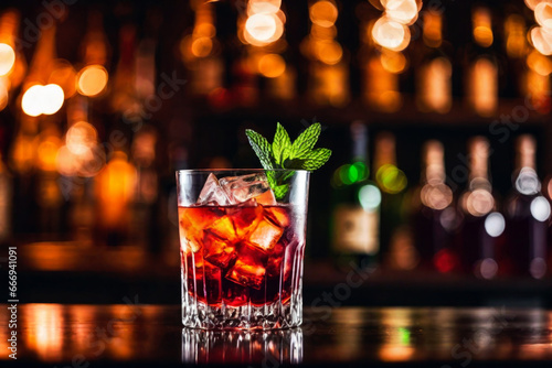 Refreshment alcoholic cocktail with ice and mint in a bar, night club party with soft drinks, against the background of a bar counter with different bottles photo