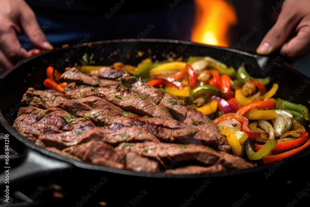 setting marinated flanks steak onto smoking fajita skillet setting marinated flanks steak onto smoking fajita skillet