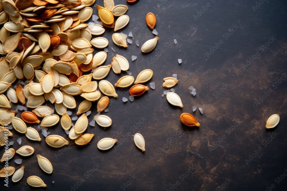 unshelled pumpkin seeds scattered on a textured surface unshelled pumpkin seeds scattered on a textured surface
