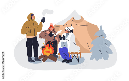 Tourists at winter holiday camping. Campers warming with hot tea and fire. Pe...