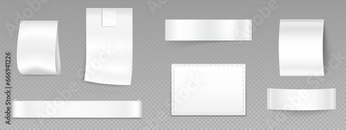 White fashion cloth brand tag label with stitch. Isolated shirt cotton badge with seam for mock up set. Ribbon material to use with apparel product for laundry or size sign 3d realistic illustration