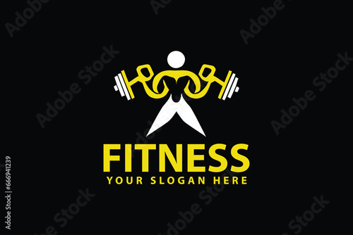 Fitness bodybuilding gym logo design template with a symbol of strong muscle, athlete, power, and vector illustration.