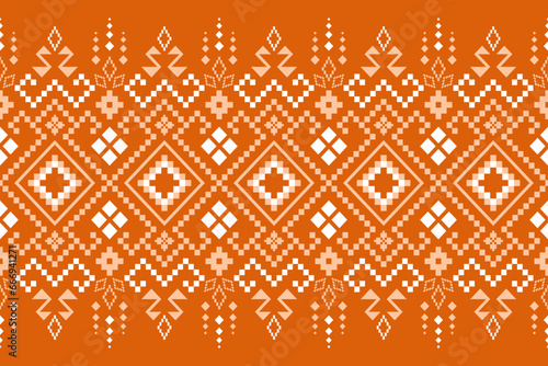 Orange vintages cross stitch traditional ethnic pattern paisley flower Ikat background abstract Aztec African Indonesian Indian seamless pattern for fabric print cloth dress carpet curtains and sarong