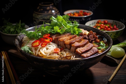 A bowl of Guay Tiew Kuay, a rice noodle soup with boat noodles broth and various toppings, including crispy pork belly
