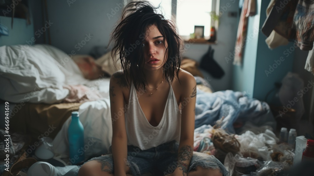 A depiction of a despondent woman, appearing weary and sorrowful, in a disheveled and unkempt living space. A depiction of a despondent woman, appearing weary and sorrowful, in a disheveled and unkempt living space.