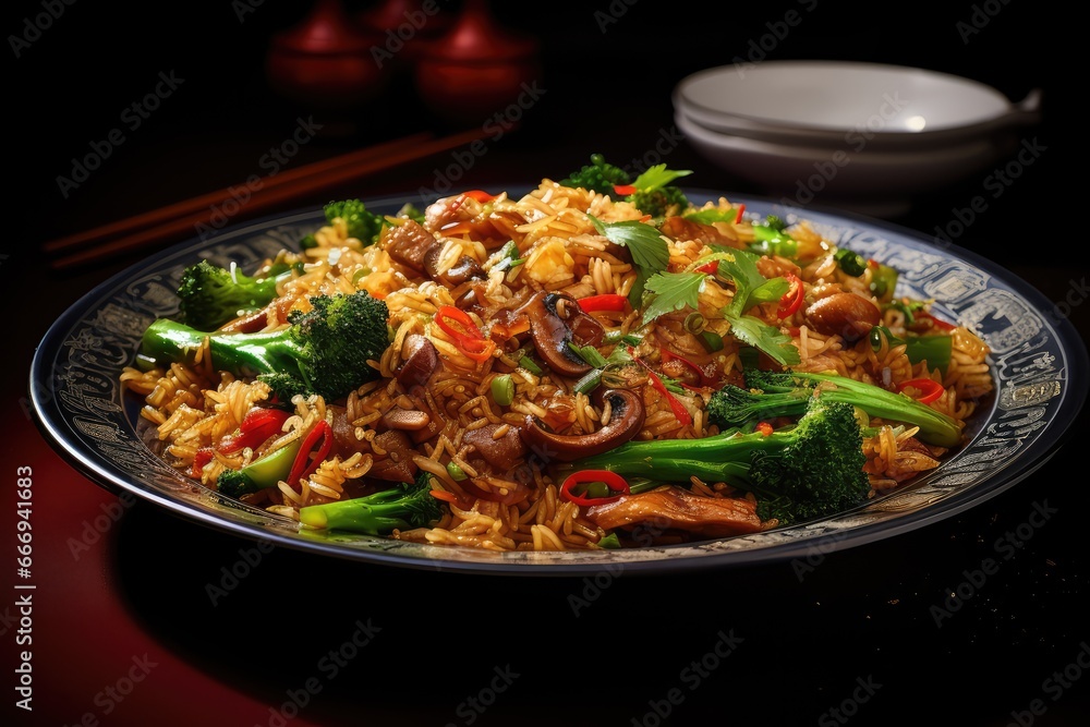 A plate of Pad Cha, stir-fried stir-fried rice noodles with Chinese broccoli A plate of Pad Cha, stir-fried stir-fried rice noodles with Chinese broccoli