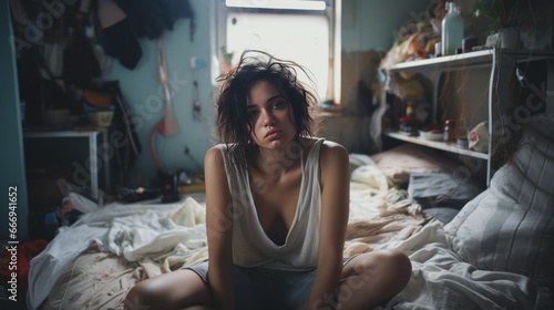 A depiction of a despondent woman, appearing weary and sorrowful, in a disheveled and unkempt living space. photo
