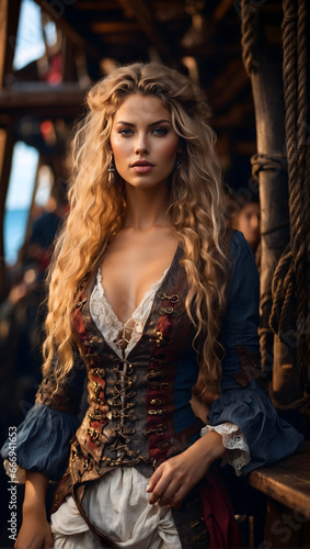 a young female pirate on a sailing ship