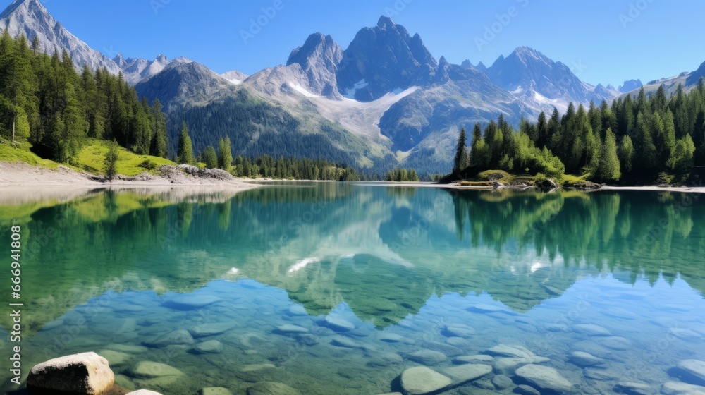 A crystal-clear alpine lake reflecting surrounding peaks