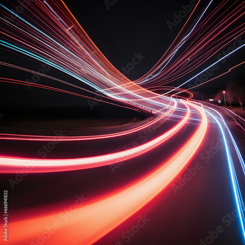 long exposure colorful light painting photography, abstract background, curvy lines of vibrant neon metallic against a black background, 1:1 © Rahmat 