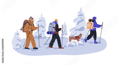 Winter hiking. Hikers, tourists with backpacks, walking in snow. People backpackers trekking on wintertime vacation, cold season adventure. Flat vector illustration isolated on white background