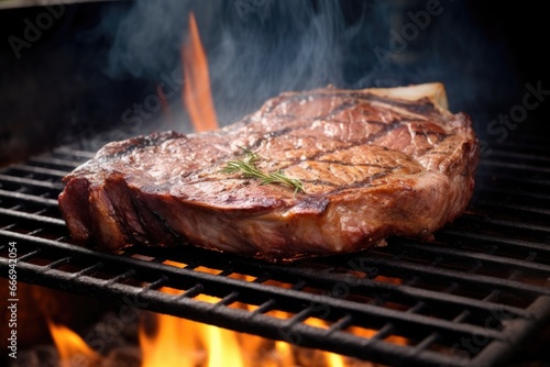 t-bone steak on a grill with smoke rising
