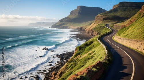 A coastal road with waves crashing against cliffs