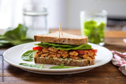 tempeh sandwich with lettuce and tomato on a glass dish