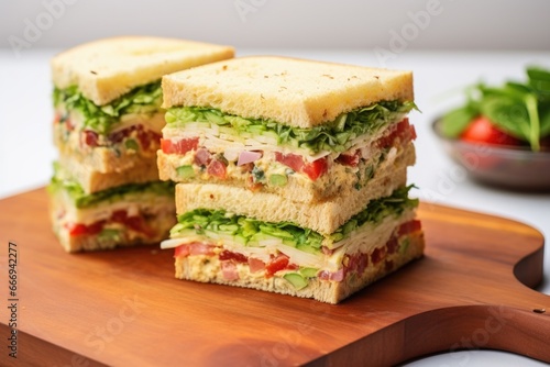 a triple decker sandwich cut diagonally on a chopping board photo