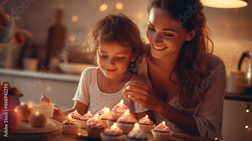 happy mother and kids baking cupcake together 