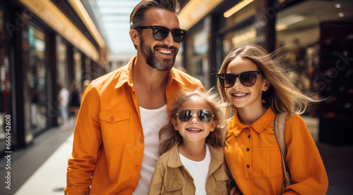 A happy vogue fashion family with bright solid light color clothes in the street