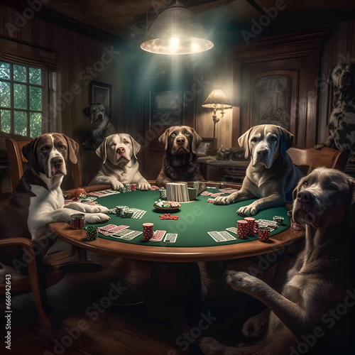 Group of dogs playing poker at the table with chips and cards.