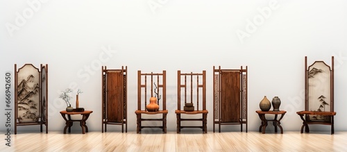Assortment of wooden folding screens on white backdrop photo