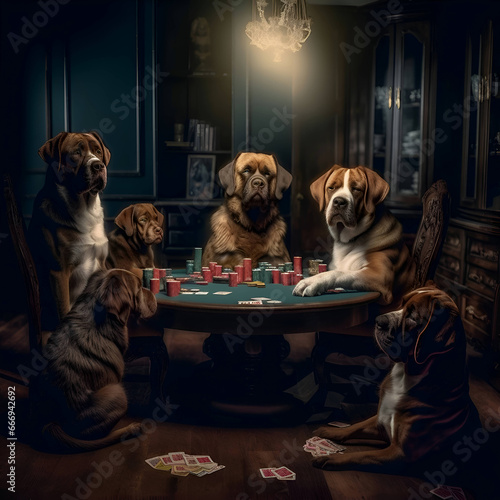 Group of dogs playing poker at the table in a dark room.