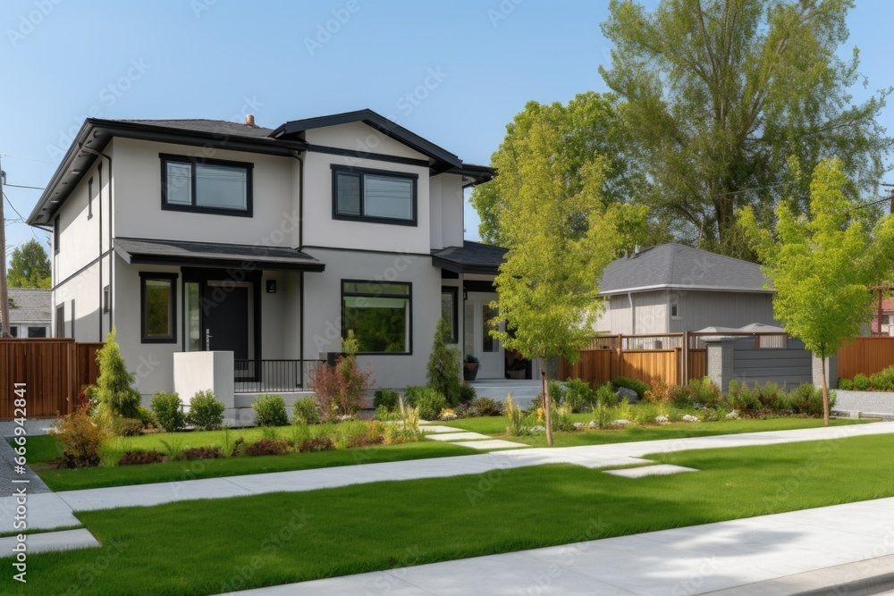 Fototapeta premium duplex house with neutral colors and compact yard