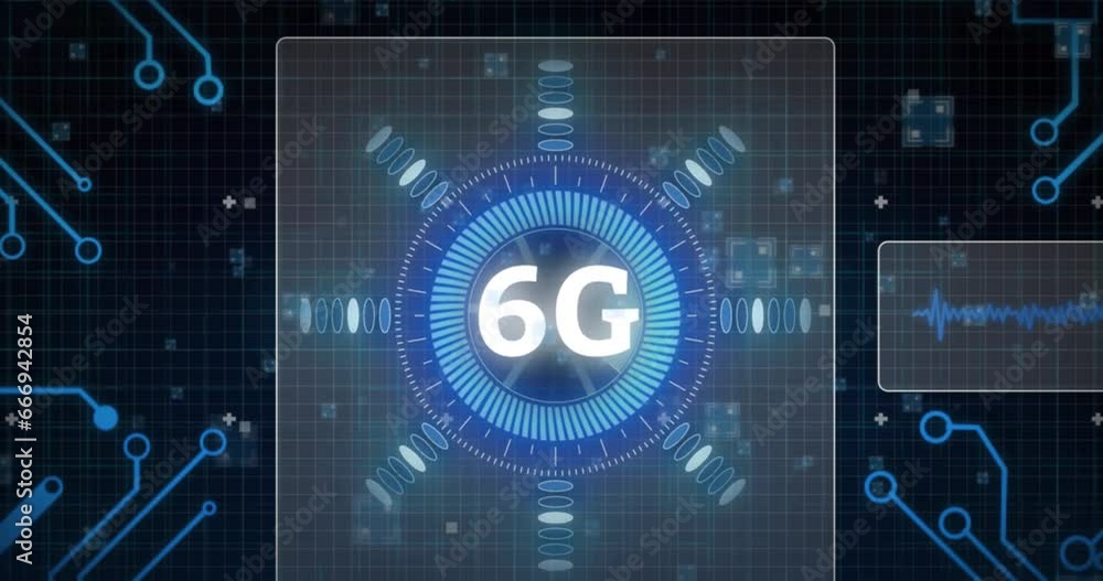 Animation of 6g text banner over spinning round scanner and microprocessor connections Animation of 6g text banner over spinning round scanner and microprocessor connections