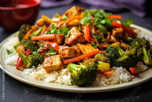 close-up of crispy tofu stir-fry on a bed of rice