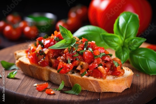close-up of a slice of bruschetta topped with diced tomatoes and fresh basil