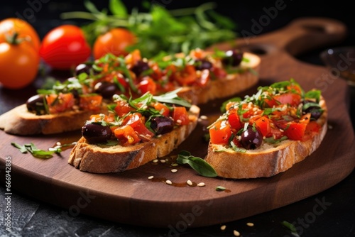 vegan bruschetta with marinated olives and fresh thyme
