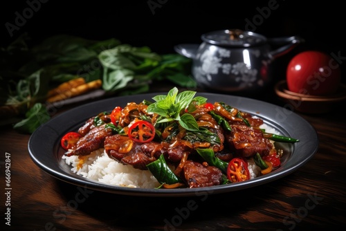 A plate of Pad Kra Pao Moo Grob with Nam Prik Ong, stir-fried holy basil with crispy pork belly and chili paste.